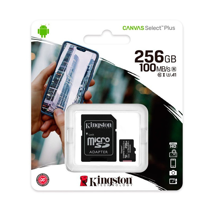 MEMORIA Micro SD KINGSTON 256GB c/Adap Clase 10 UHS-I (U1) 100MB/s Canvas Plus