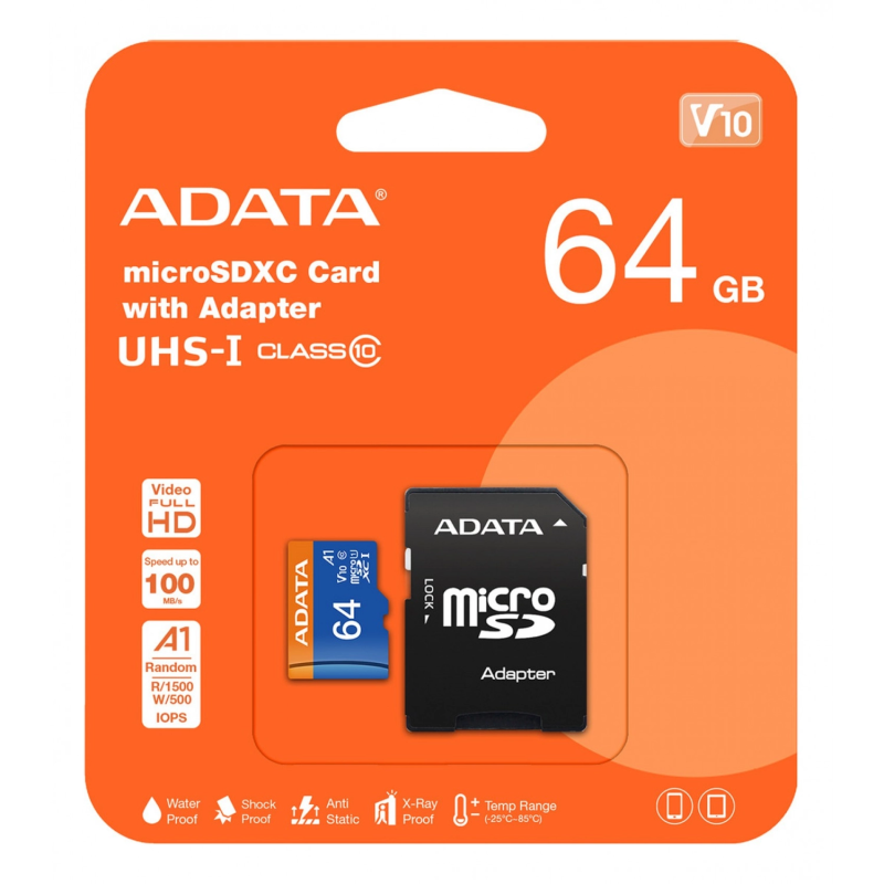 Tarjeta de Memoria ADATA Premier microSDXC 64GB UHS-I U1 A1 V10 100MB/s c/adaptador